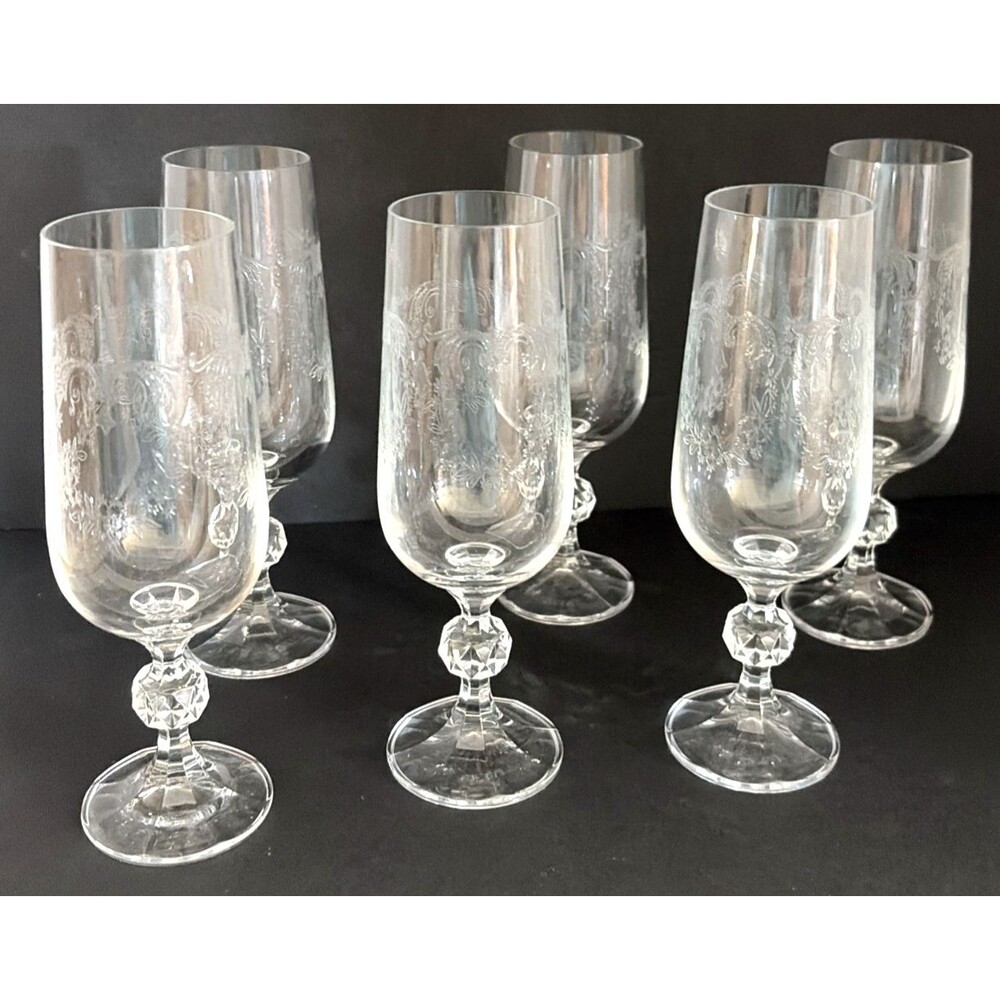6 Vintage Bohemian Crystal Cascade Champagne Flutes Heart Etched Ball Stem Czech